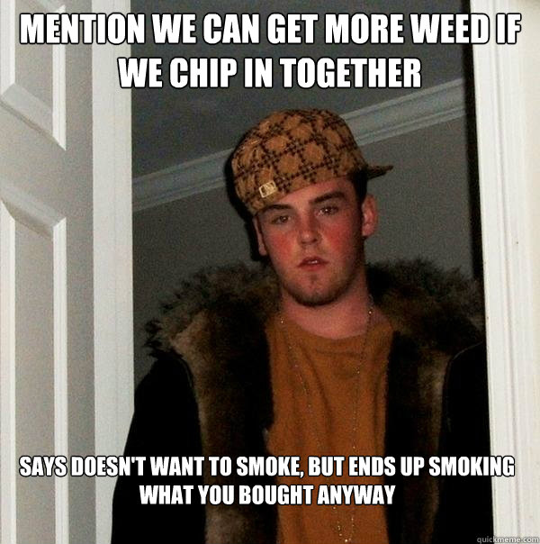 mention we can get more weed if we chip in together says doesn't want to smoke, but ends up smoking what you bought anyway - mention we can get more weed if we chip in together says doesn't want to smoke, but ends up smoking what you bought anyway  Scumbag Steve