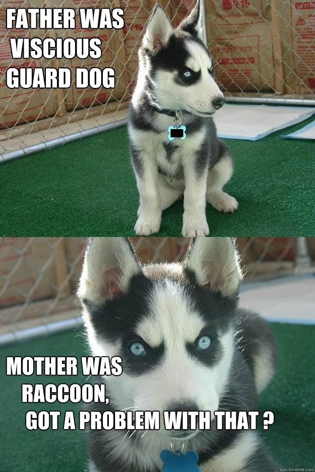 Father was
 viscious
guard dog  Mother was
    raccoon,
     got a problem with that ?
                
           Insanity puppy