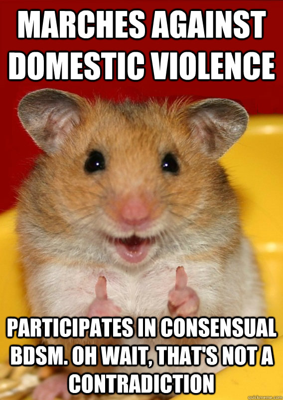 marches against domestic violence participates in consensual bdsm. oh wait, that's not a contradiction  - marches against domestic violence participates in consensual bdsm. oh wait, that's not a contradiction   Rationalization Hamster