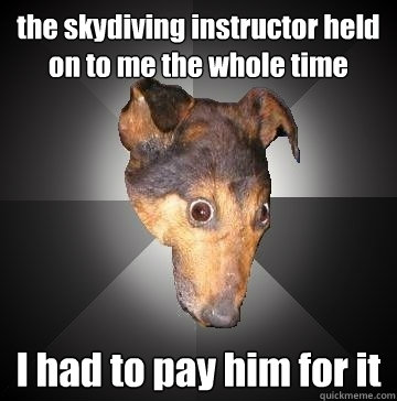 the skydiving instructor held on to me the whole time I had to pay him for it  Depression Dog