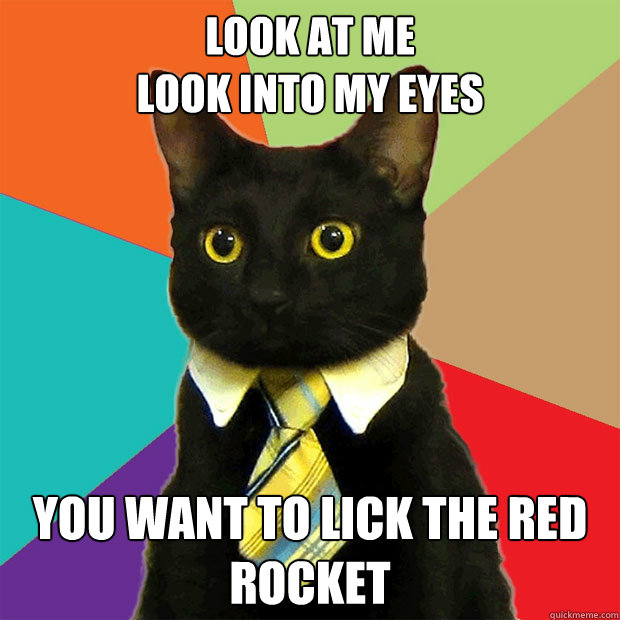 Look at me
look into my eyes you want to lick the red rocket  Business Cat