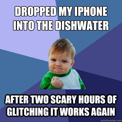 dropped my iphone into the dishwater after two scary hours of glitching it works again  Success Kid