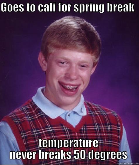 GOES TO CALI FOR SPRING BREAK  TEMPERATURE NEVER BREAKS 50 DEGREES Bad Luck Brian