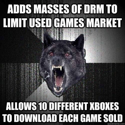 Adds masses of DRM to limit used games market Allows 10 different XBoxes to download each game sold  Insanity Wolf