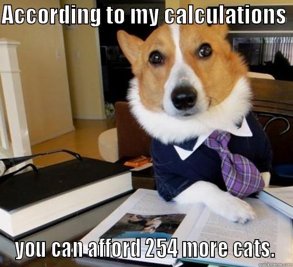 ACCORDING TO MY CALCULATIONS  YOU CAN AFFORD 254 MORE CATS. Lawyer Dog