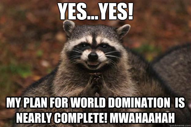 Yes...yes! My plan for world domination  is nearly complete! Mwahaahah  Evil Plotting Raccoon