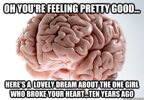 Oh you're feeling pretty good... here's a  lovely dream about the one girl who broke your heart...ten years ago  Scumbag Brain