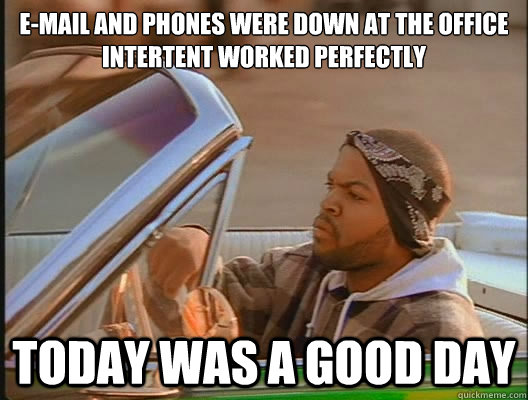 E-mail and Phones were down at the office
intertent worked perfectly Today was a good day  today was a good day