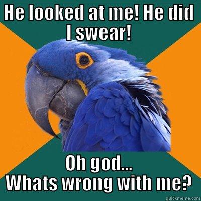 HE LOOKED AT ME! HE DID I SWEAR! OH GOD... WHATS WRONG WITH ME? Paranoid Parrot