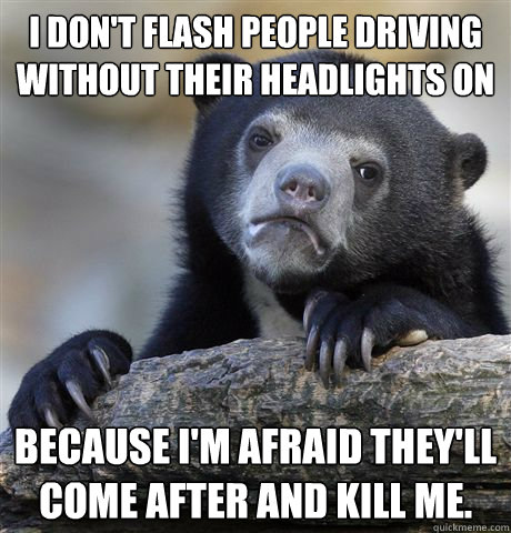 I don't flash people driving without their headlights on because i'm afraid they'll come after and kill me. - I don't flash people driving without their headlights on because i'm afraid they'll come after and kill me.  Confession Bear