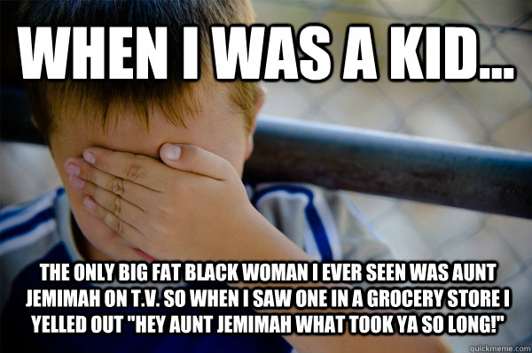 WHEN I WAS A KID... The only big fat black woman I ever seen was Aunt Jemimah on T.V. So when I saw one in a grocery store I yelled out 