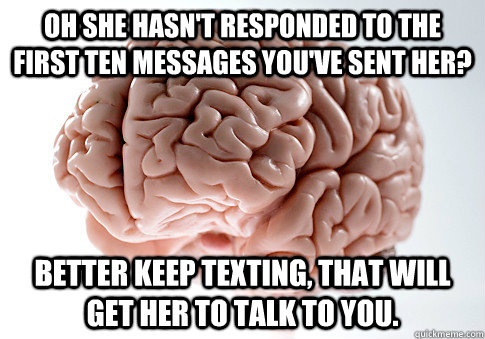 Oh she hasn't responded to the first ten messages you've sent her? Better keep texting, that will get her to talk to you.  Scumbag Brain