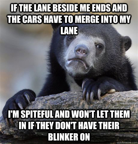 If the lane beside me ends and the cars have to merge into my lane I'm spiteful and won't let them in if they don't have their blinker on  Confession Bear