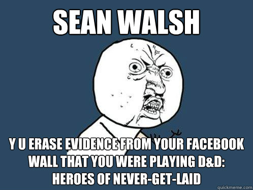 sean walsh y u erase evidence from your facebook wall that you were playing D&D: Heroes of Never-get-laid  Y U No