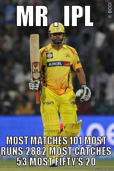 SURESH MEME - MR . IPL MOST MATCHES 101 MOST RUNS 2882 MOST CATCHES 53 MOST FIFTY'S 20 Misc