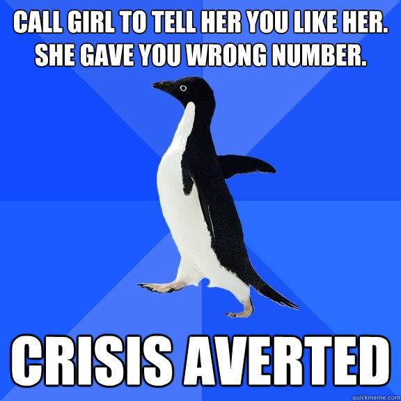 Call girl to tell her you like her. She gave you wrong number. CRISIS AVERTED - Call girl to tell her you like her. She gave you wrong number. CRISIS AVERTED  Socially Awkward Penguin