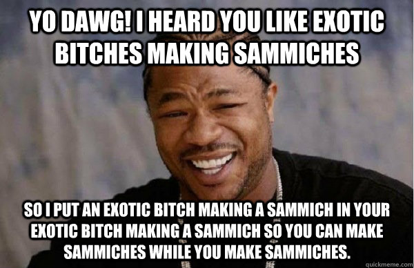 yo dawg! I heard you like exotic bitches making sammiches so I put an exotic bitch making a sammich in your exotic bitch making a sammich so you can make sammiches while you make sammiches.   