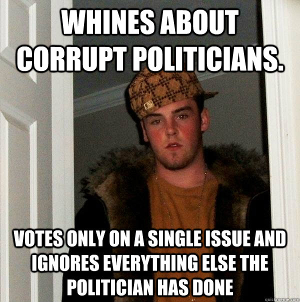 Whines about corrupt politicians. Votes only on a single issue and ignores everything else the politician has done  Scumbag Steve