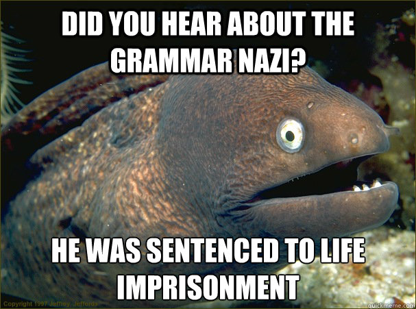 Did you hear about the grammar nazi? He was sentenced to life imprisonment  Bad Joke Eel