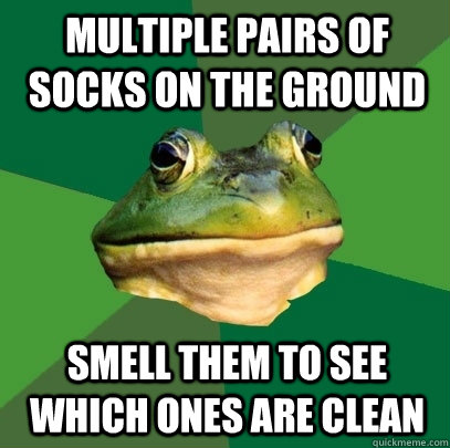 Multiple pairs of socks on the ground Smell them to see which ones are clean - Multiple pairs of socks on the ground Smell them to see which ones are clean  Foul Bachelor Frog