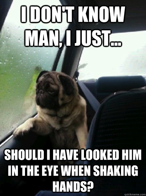 I don't know man, I just... should i have looked him in the eye when shaking hands? - I don't know man, I just... should i have looked him in the eye when shaking hands?  Introspective Pug