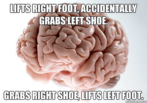 Lifts right foot, accidentally grabs left shoe. Grabs right shoe, lifts left foot.  Scumbag Brain