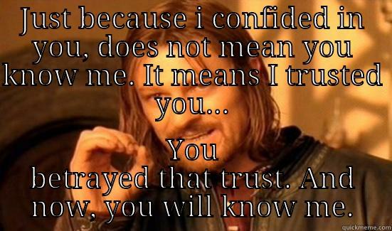 JUST BECAUSE I CONFIDED IN YOU, DOES NOT MEAN YOU KNOW ME. IT MEANS I TRUSTED YOU... YOU BETRAYED THAT TRUST. AND NOW, YOU WILL KNOW ME. Boromir