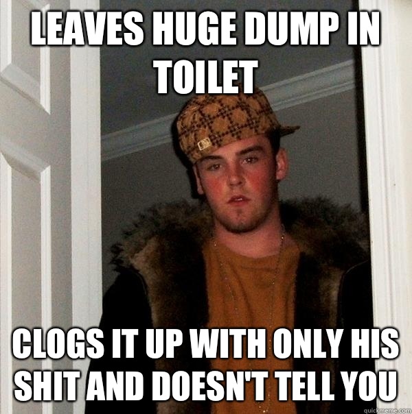 Leaves Huge dump in toilet Clogs it up with only his shit and doesn't tell you - Leaves Huge dump in toilet Clogs it up with only his shit and doesn't tell you  Scumbag Steve