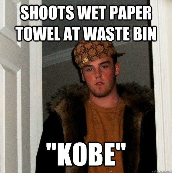 Shoots wet paper towel at waste bin 