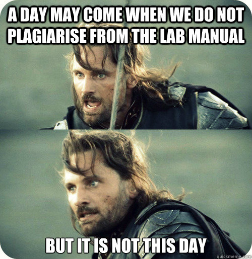 A day may come when we do not plagiarise from the lab manual But it is not this day - A day may come when we do not plagiarise from the lab manual But it is not this day  Aragorn Inspirational Speech