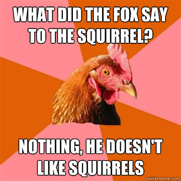 What did the fox say to the squirrel? nothing, he doesn't like squirrels  Anti-Joke Chicken