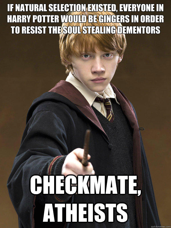 if natural selection existed, everyone in harry potter would be gingers in order to resist the soul stealing dementors checkmate, atheists  
