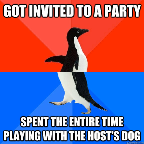 Got invited to a party Spent the entire time playing with the host's dog  Socially Awesome Awkward Penguin