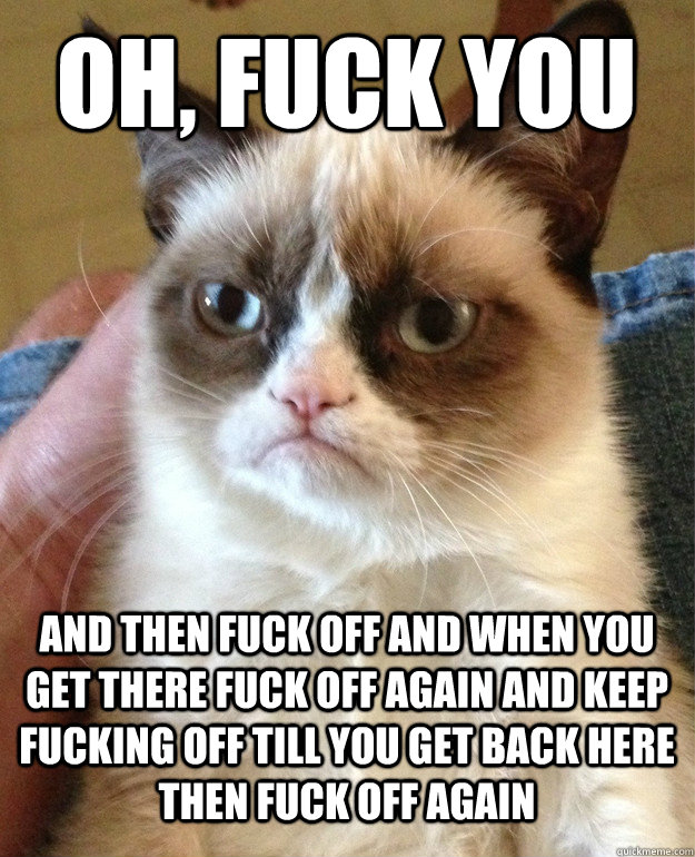 oh, fuck you AND THEN FUCK OFF AND WHEN YOU GET THERE FUCK OFF AGAIN AND KEEP FUCKING OFF TILL YOU GET BACK HERE THEN FUCK OFF AGAIN  Grumpy Cat