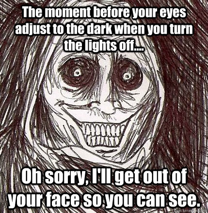 The moment before your eyes adjust to the dark when you turn the lights off.... Oh sorry, I'll get out of your face so you can see.  - The moment before your eyes adjust to the dark when you turn the lights off.... Oh sorry, I'll get out of your face so you can see.   Horrifying Houseguest