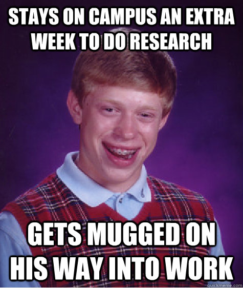 stays on campus an extra week to do research gets mugged on his way into work  Bad Luck Brian