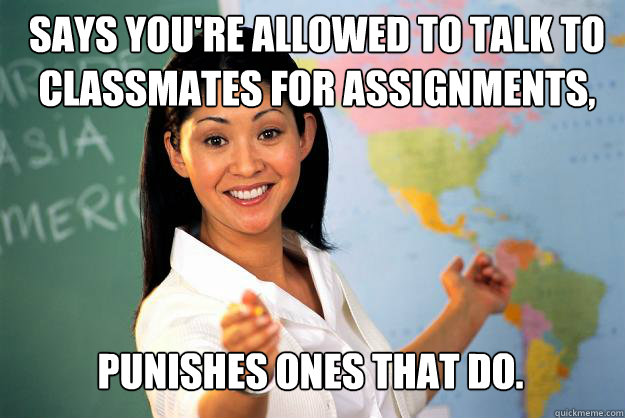 Says you're allowed to talk to classmates for assignments, Punishes ones that do.   Unhelpful High School Teacher