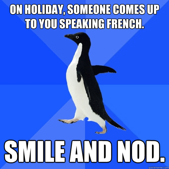 On holiday, someone comes up to you speaking french. smile and nod.   Socially Awkward Penguin