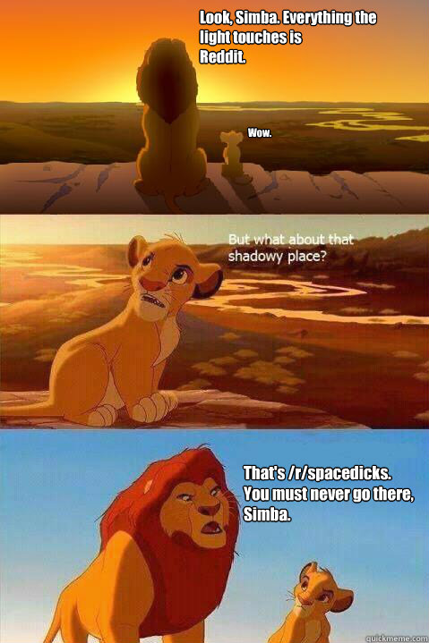 Look, Simba. Everything the light touches is 
Reddit. Wow. That's /r/spacedicks. You must never go there, Simba.   Lion King Shadowy Place