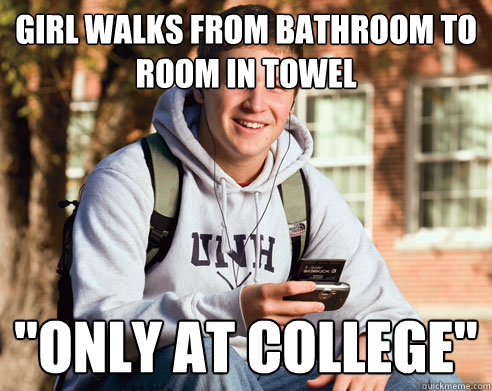 Girl walks from bathroom to room in towel 