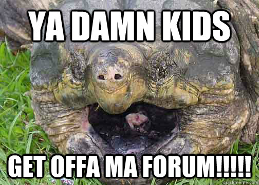 YA DAMN KIDS GET OFFA MA FORUM!!!!!  Crabby old man aligator snapping turtle