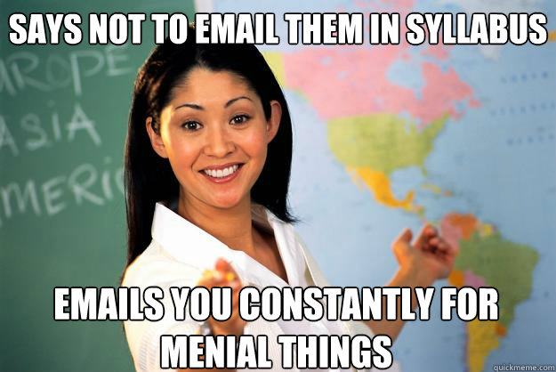 Says not to email them in syllabus Emails you constantly for menial things  Unhelpful High School Teacher