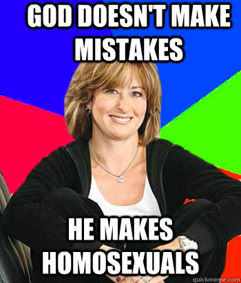 god doesn't make mistakes he makes homosexuals                                        Sheltering Suburban Mom