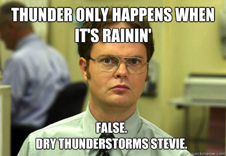 Thunder only happens when it's rainin' False.
Dry thunderstorms stevie. - Thunder only happens when it's rainin' False.
Dry thunderstorms stevie.  Dwight