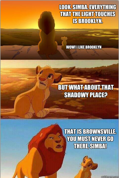 Look, simba. Everything that the light touches is brooklyn.
 But what about that shadowy place? That is brownsville. You must NEVER go there, Simba! wow! i like brooklyn - Look, simba. Everything that the light touches is brooklyn.
 But what about that shadowy place? That is brownsville. You must NEVER go there, Simba! wow! i like brooklyn  Shadowy Place from Lion King