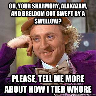 Oh, your skarmory, alakazam, and breloom got swept by a swellow? Please, tell me more about how I tier whore - Oh, your skarmory, alakazam, and breloom got swept by a swellow? Please, tell me more about how I tier whore  Condescending Wonka