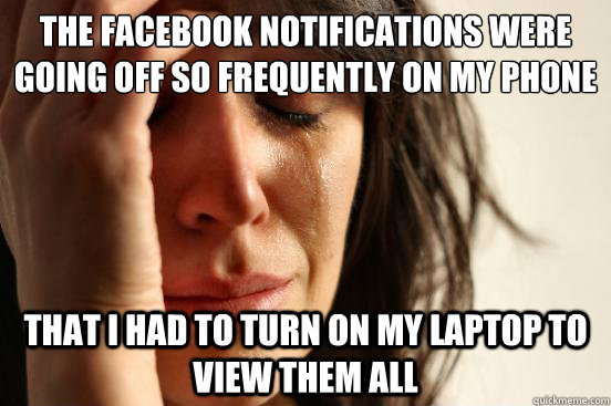 The Facebook notifications were going off so frequently on my phone That I had to turn on my laptop to view them all  First World Problems