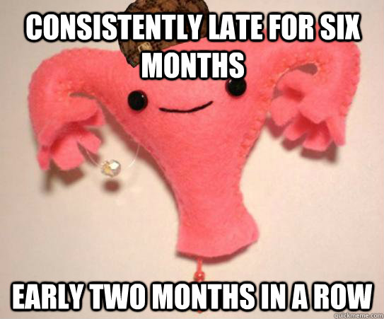 Consistently late for six months Early two months in a row  Scumbag Uterus