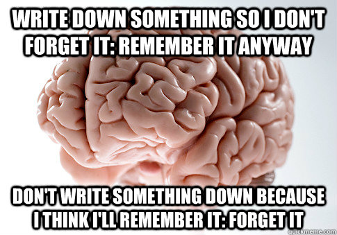 Write down something so I don't forget it: Remember it anyway Don't write something down because I think I'll remember it: forget it - Write down something so I don't forget it: Remember it anyway Don't write something down because I think I'll remember it: forget it  Scumbag Brain