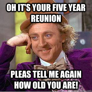 Oh It's your five year reunion  Pleas tell me again how old you are! - Oh It's your five year reunion  Pleas tell me again how old you are!  Condescending Wonka